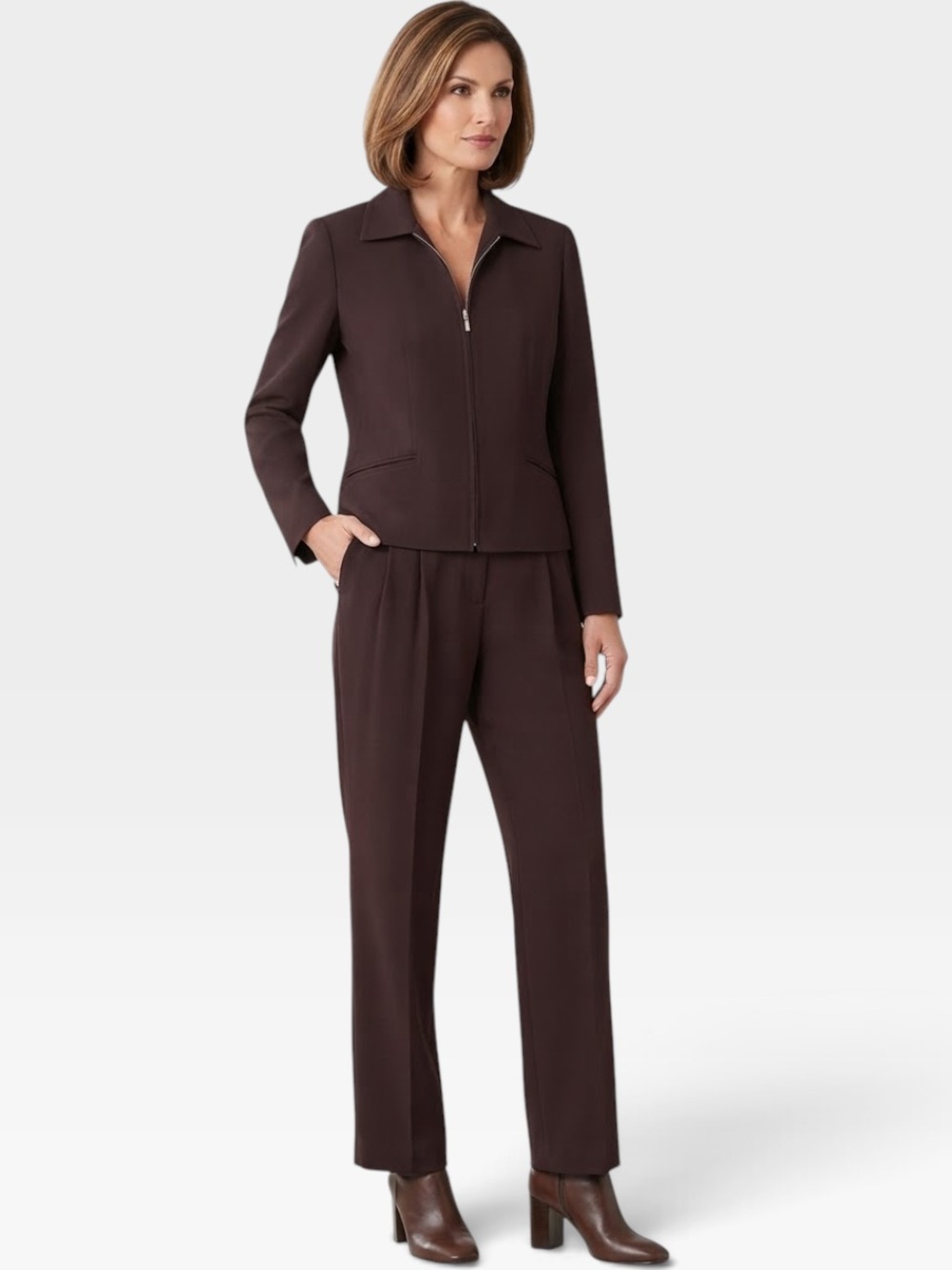 Jennifer Moore Vintage Dark Brown Zip Blazer & Pants Suit Set Size 16